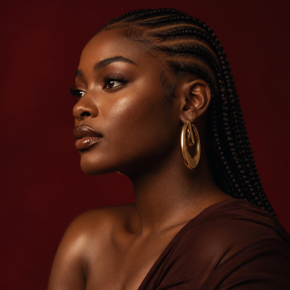 A woman with cornrow braids in warm portrait lighting