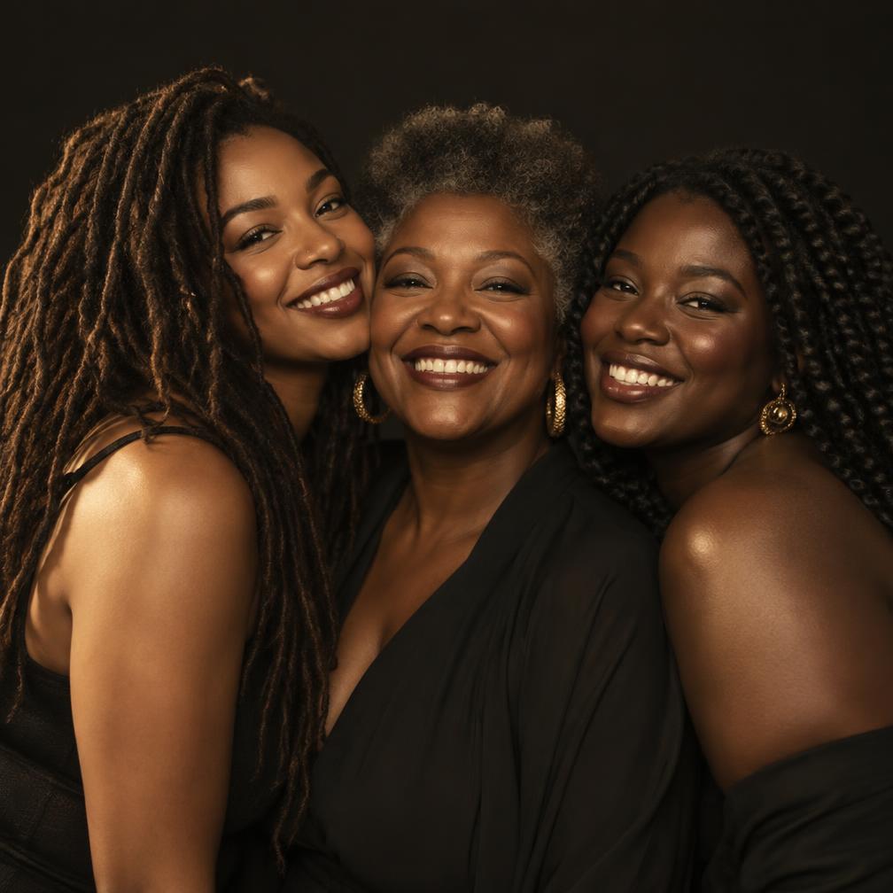 Three women with different skin tones and hair textures smiling together