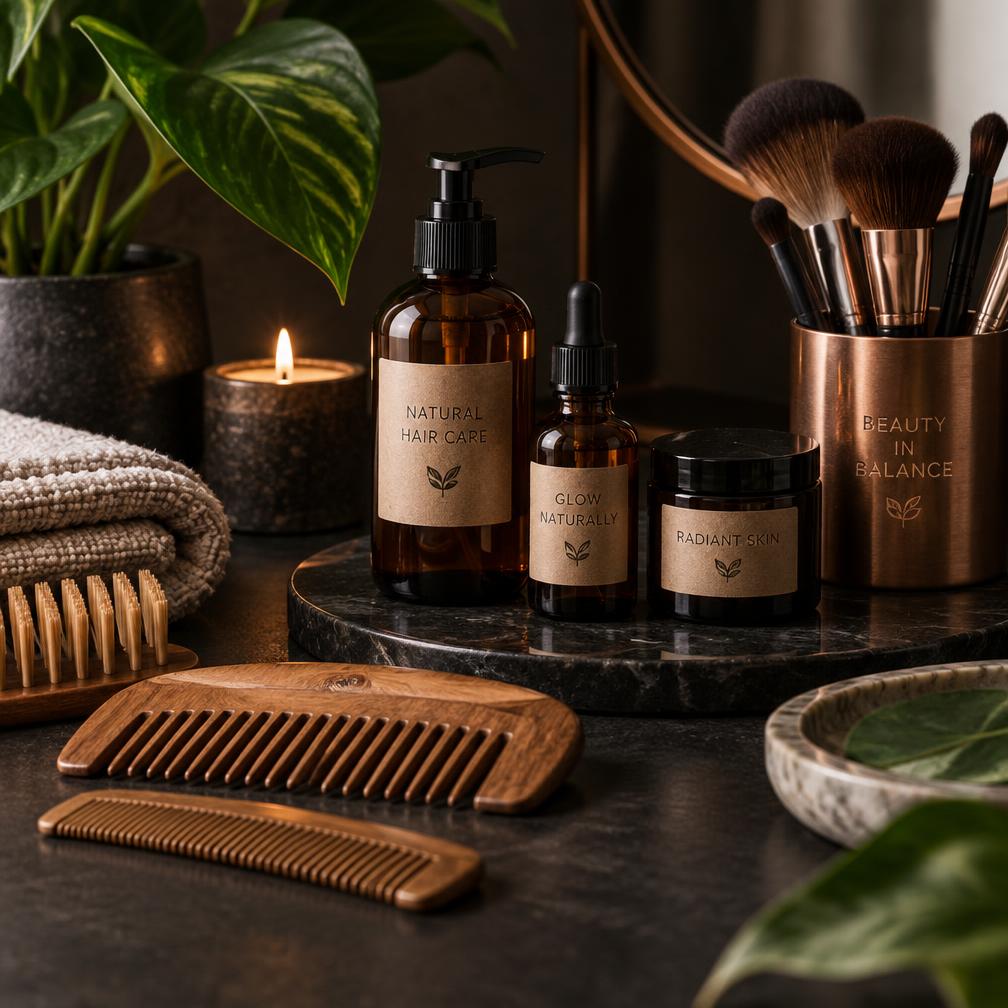 Natural hair care and skincare items arranged on a dark surface