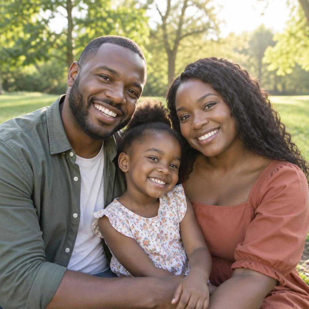 A smiling family together outdoors in warm daylight