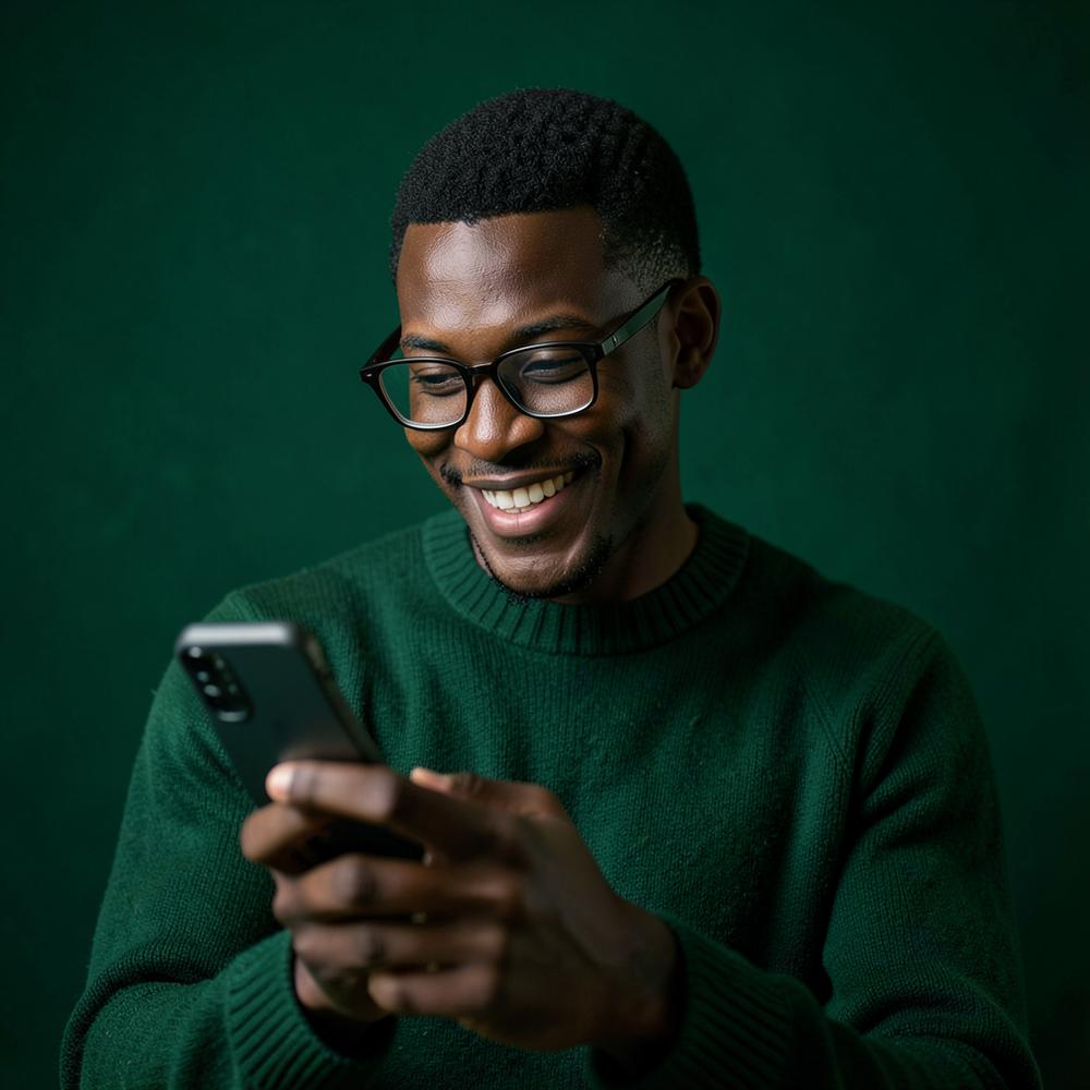 A man smiling while reviewing information on his phone