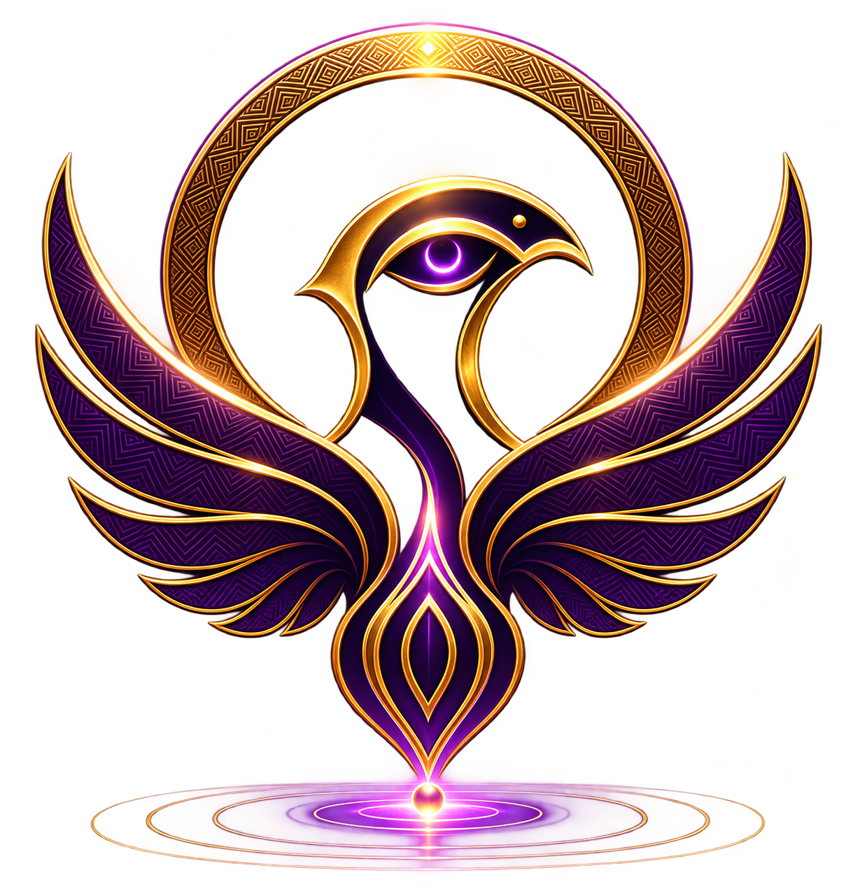 Sawu crest: a purple-and-gold phoenix with an eye motif, outstretched wings, a patterned halo, and a glowing ripple base.