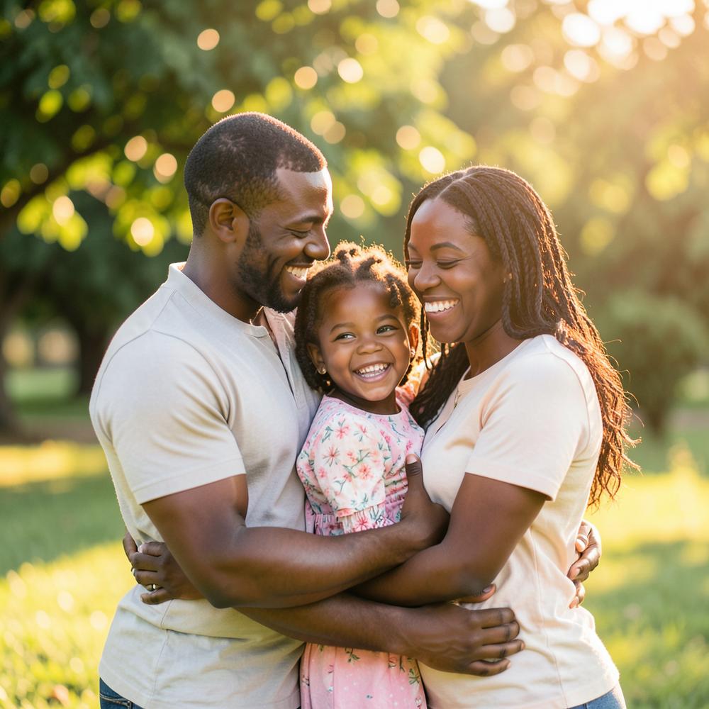 A family embracing outdoors in warm evening light