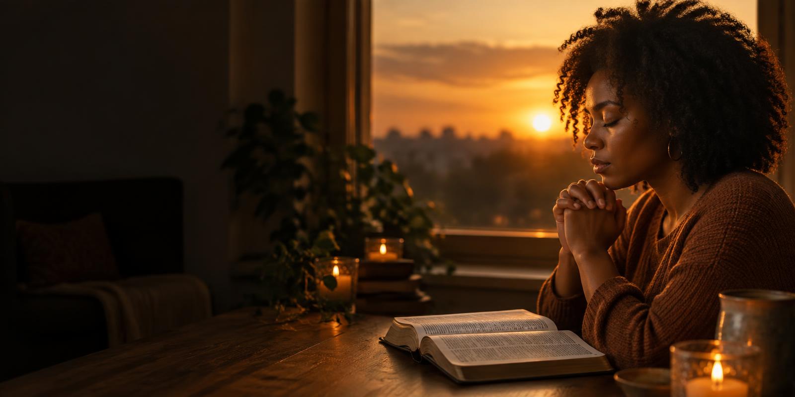 A woman in quiet prayer beside an open Bible at sunset